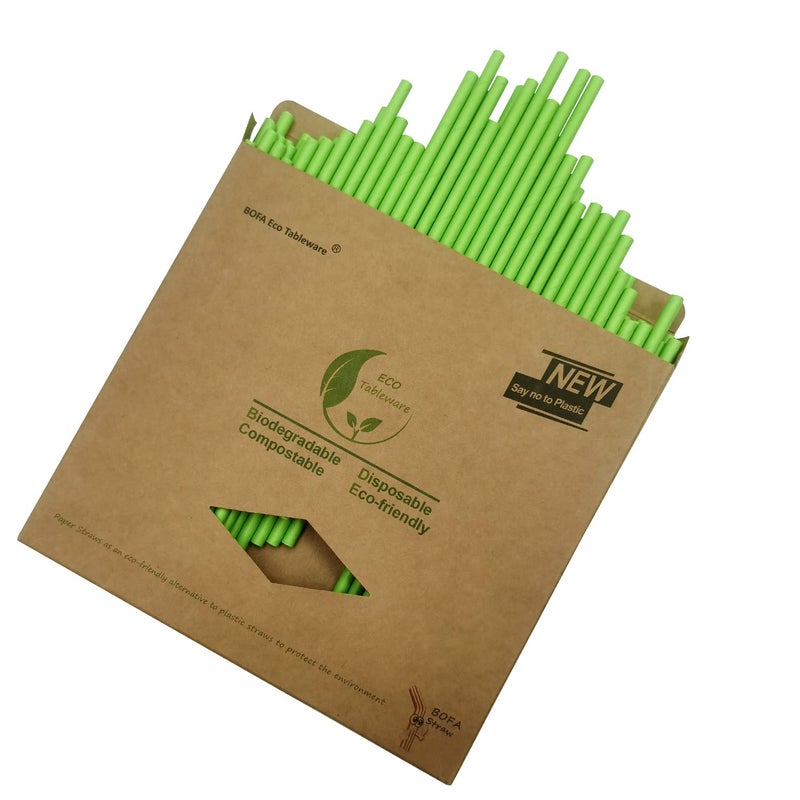 BOFA Eco Tableware Green Paper Drinking Straws 7.75 inch, 100 Pack Disposable Solid Green Straws, Recyclable Eco Straw for DIY Crafts Christmas Party Suppliers, Cocktail, Juice, Coffee - Image 1